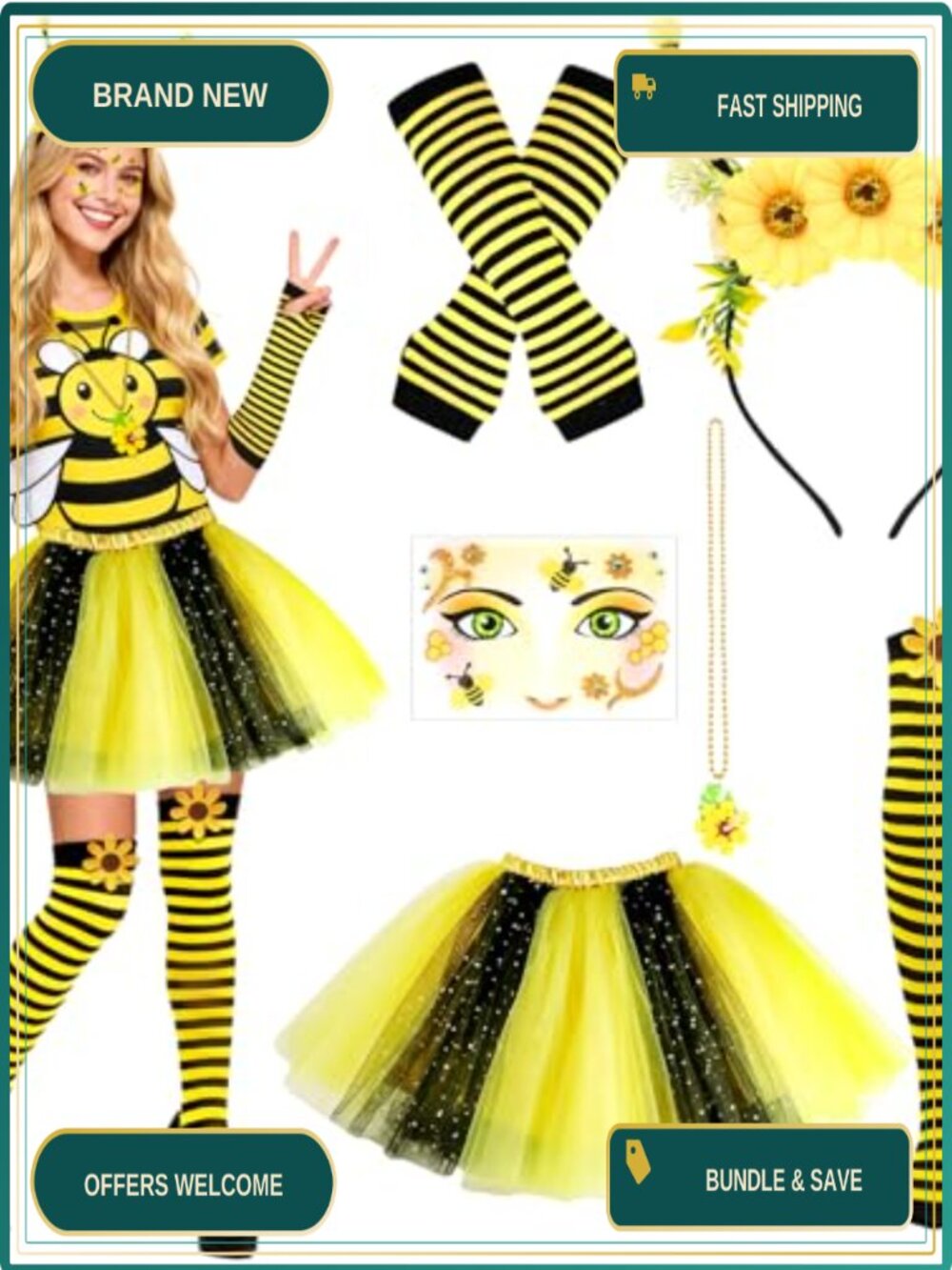 Bee Costume Set Tutu Headband Necklace Socks Gloves Halloween